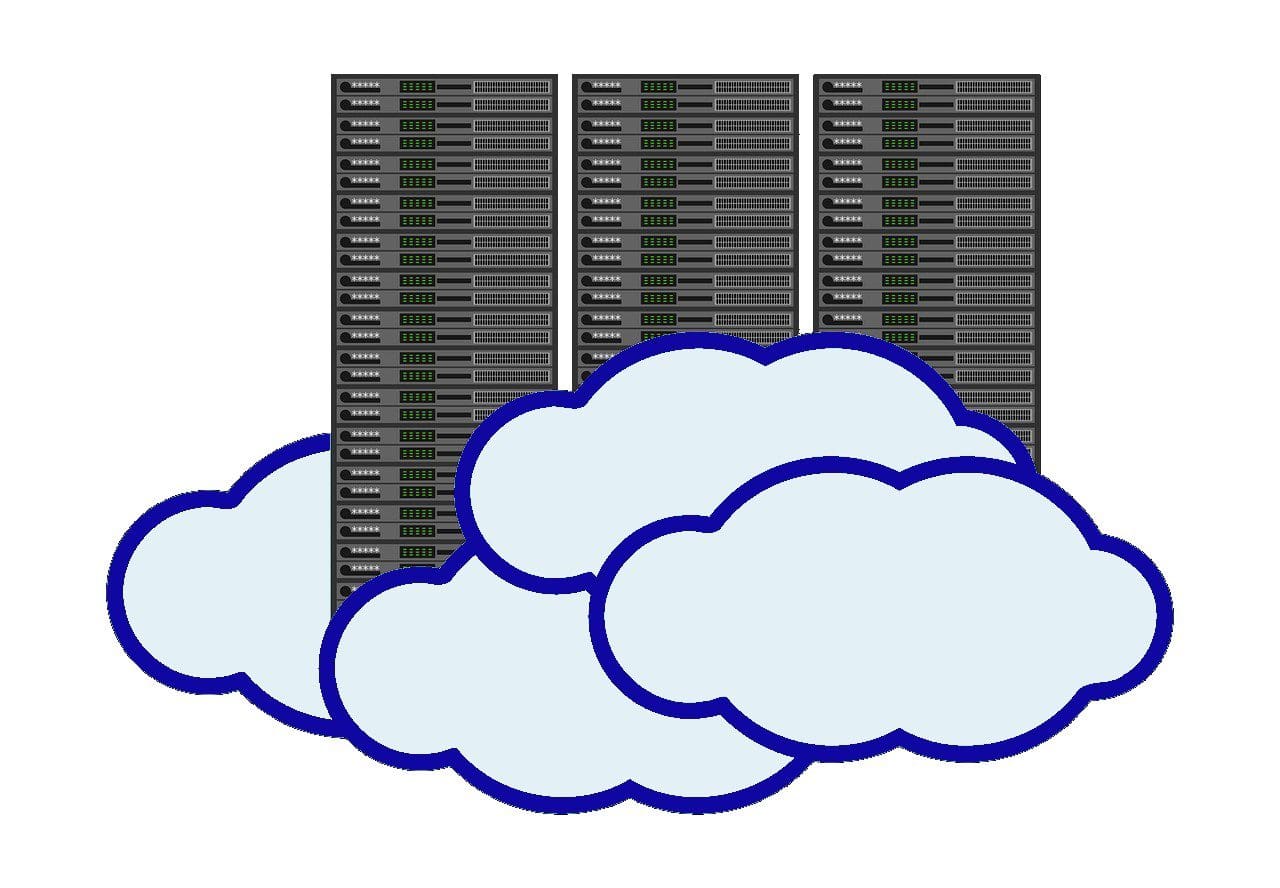 A cartoon of servers and clouds with the same logo.