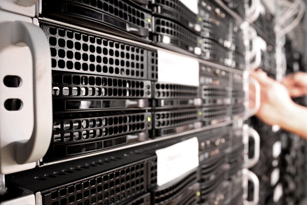 A large rack of servers in a room.