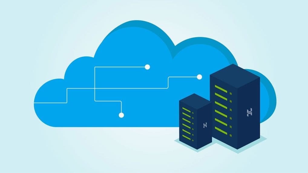 A blue cloud with two servers on top of it.