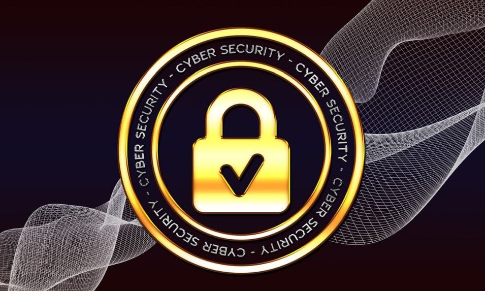 A gold colored circle with the words " cyber security-cyber security-cyber security."