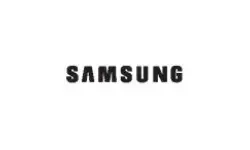 A samsung logo is shown in black and white.