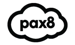 A black and white logo of the pax 8.