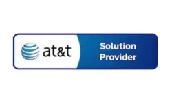 A blue and white logo for an at & t solution provider.