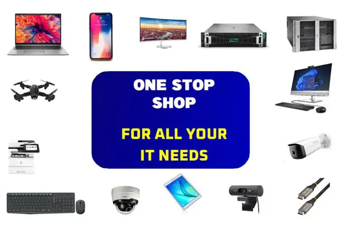 A blue sign with various electronic devices and accessories.